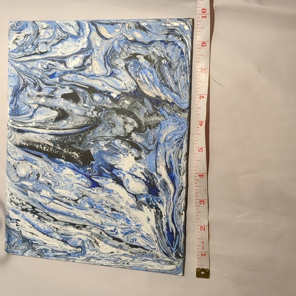 One of a kind, signed paint pour picture. Dark blue, lt blue, white, black. 8x10 - Picture 5 of 6
